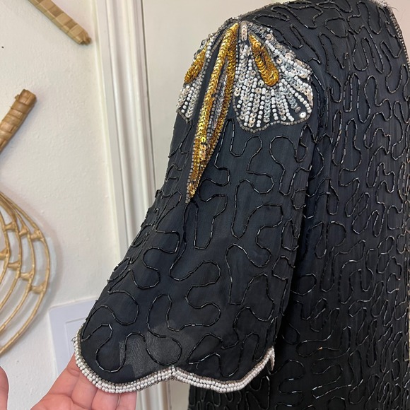 Vintage Laurence Kazar Black Silk Beaded Sequin Evening Blouse Party Top Size S - Picture 6 of 10